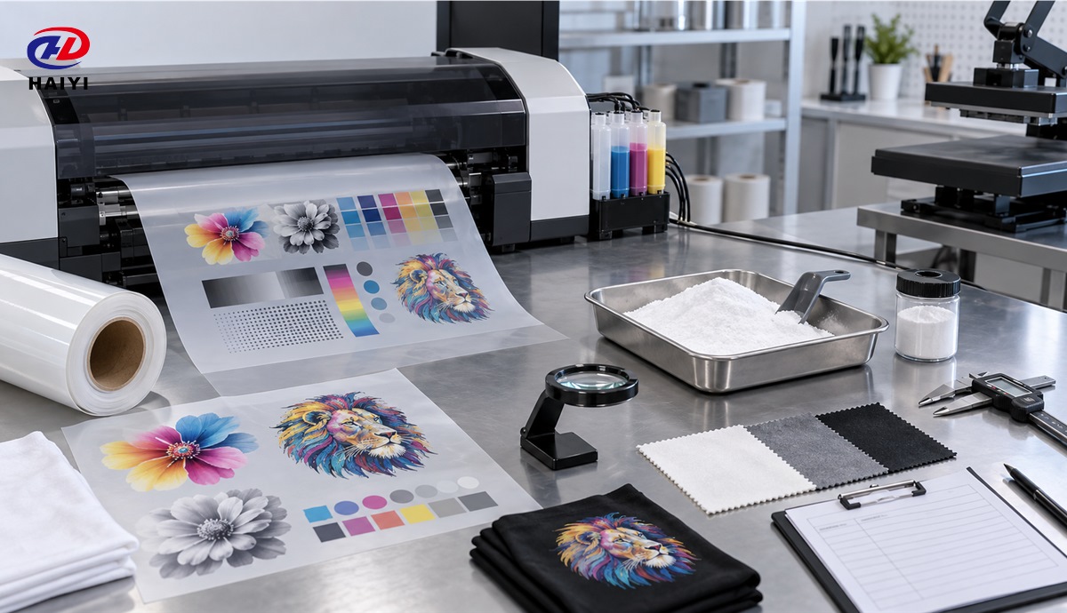 DTF printer, transfer film, powder, fabric samples, and inspection tools used for compatibility evaluation