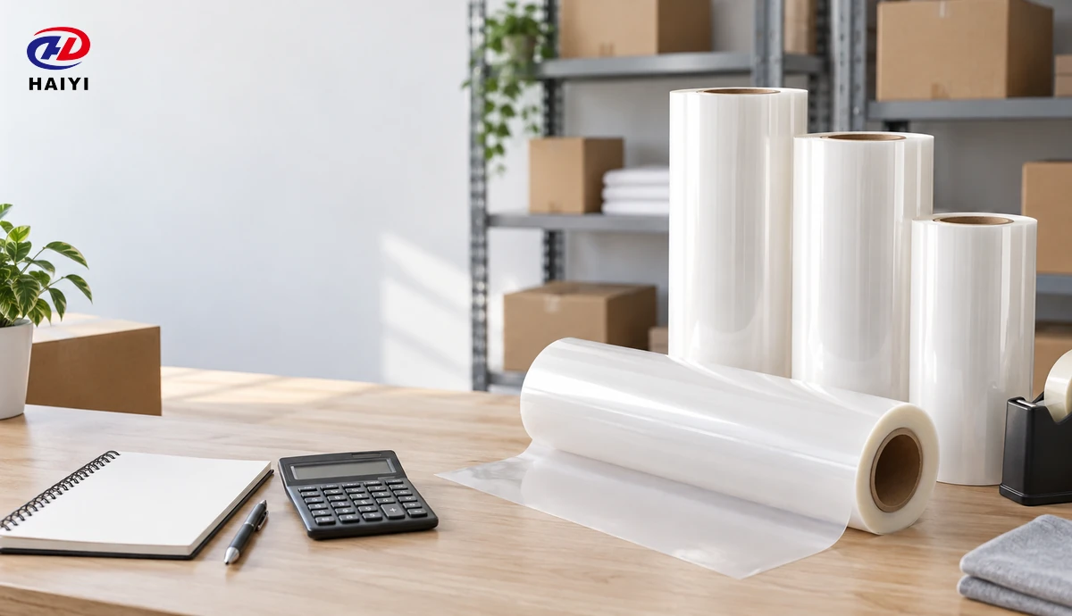 PET film rolls beside a calculator and blank notebook for distribution cost planning