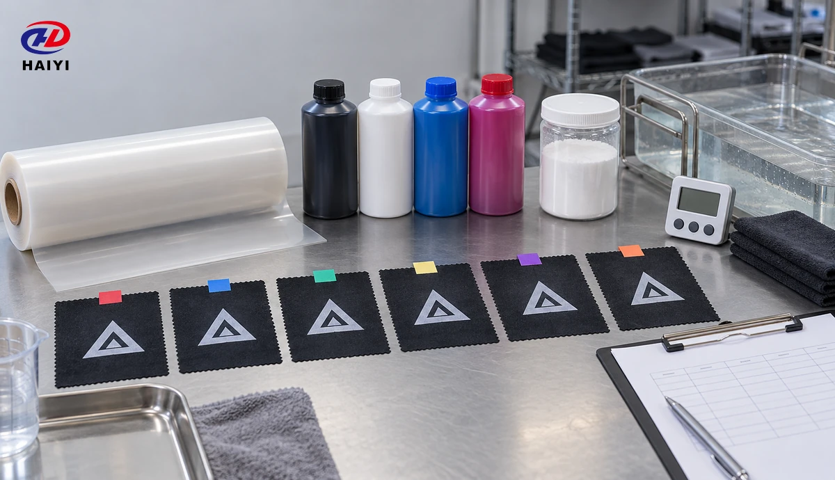 Controlled DTF film candidates and consumables arranged for wash resistance comparison