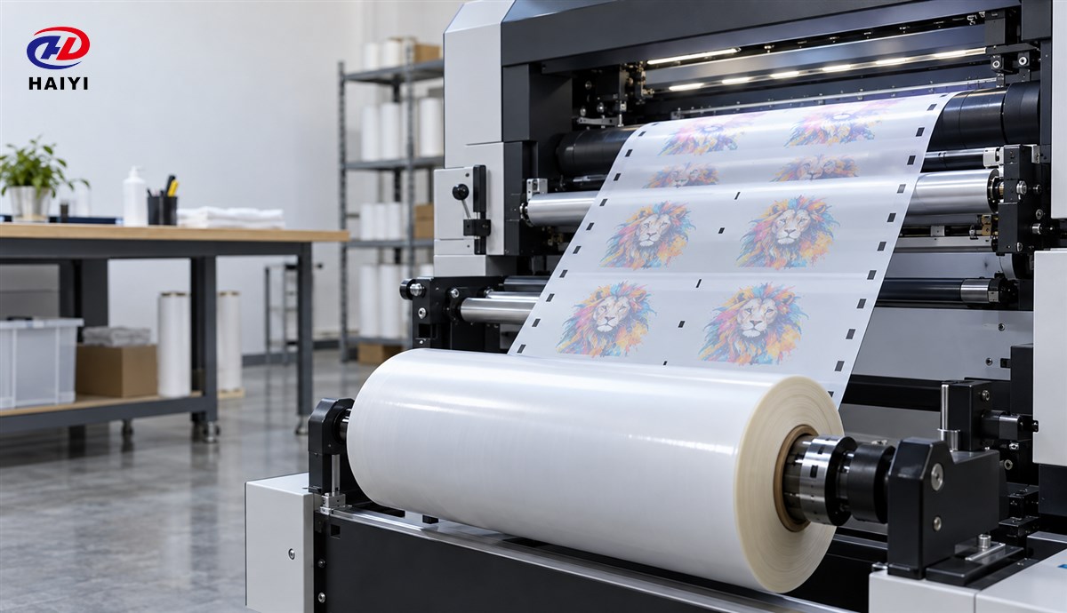 DTF roll film running through a printer during a feeding stability trial