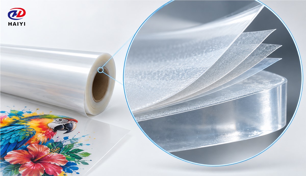 Magnified conceptual view of coated DTF transfer film layers