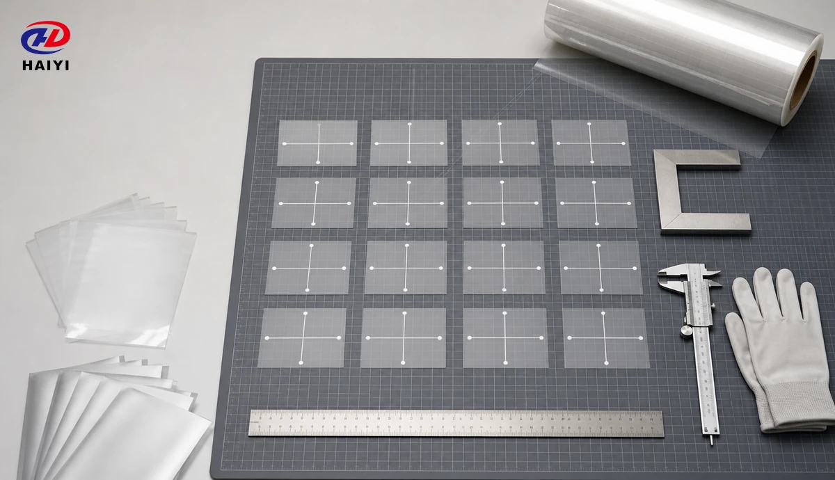 DTF film coupons prepared for machine and transverse direction shrinkage measurement