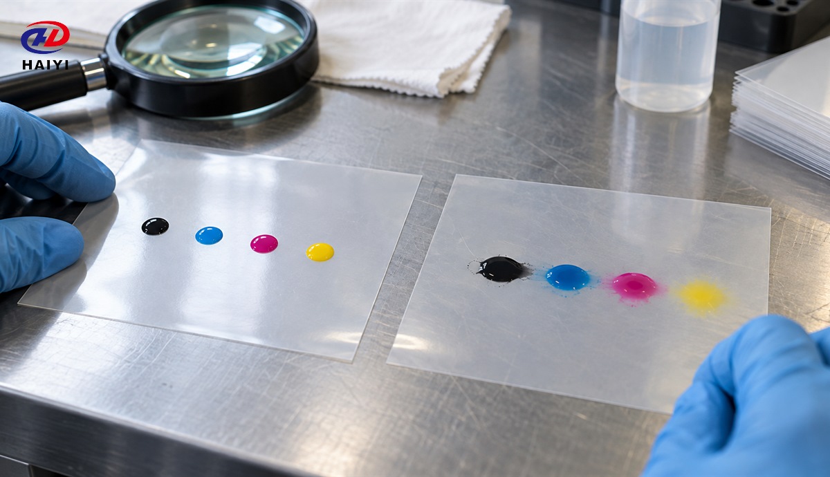 DTF ink droplets tested on coated and uncoated film sides
