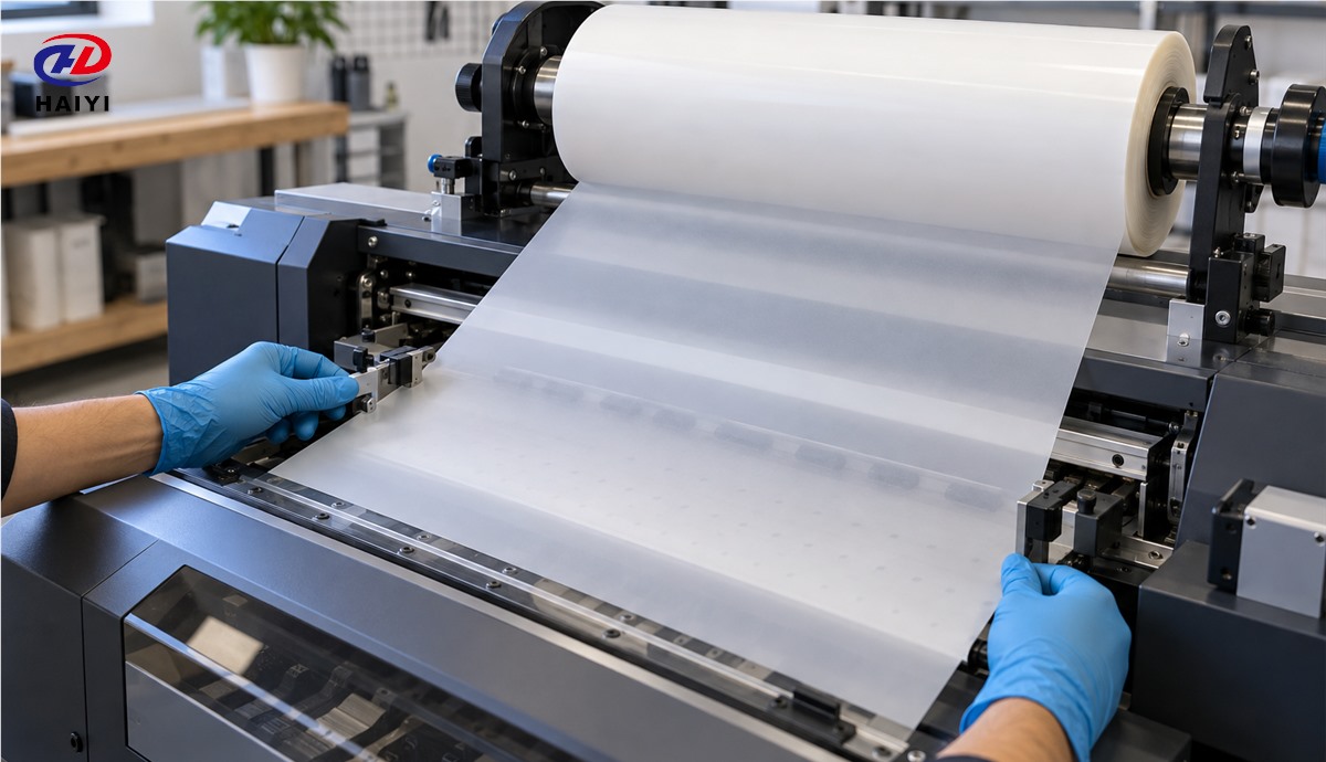 Operator aligning a full DTF film roll on a printer