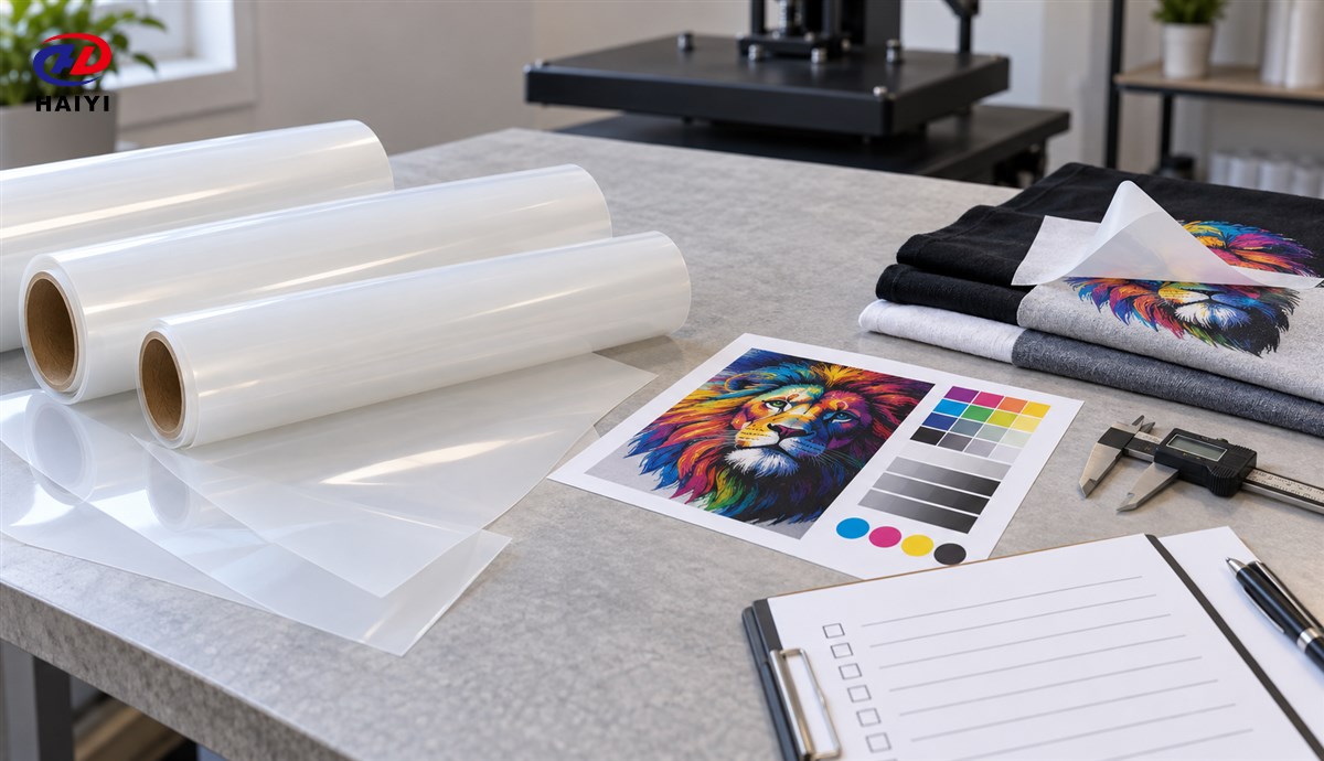 DTF film samples undergoing print and transfer quality checks