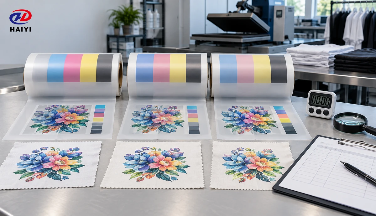 Reference and candidate DTF film rolls compared through a controlled sample and pilot test