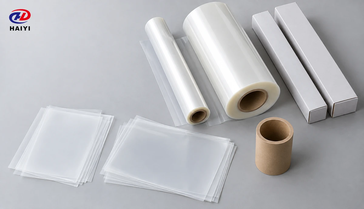 Different-width PET transfer film rolls and cut sheet formats arranged as distinct product groups