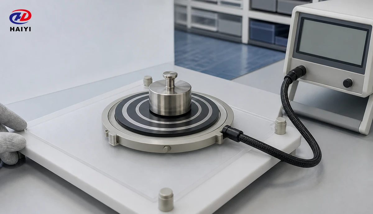 Concentric ring electrode measuring surface resistance of a DTF PET film coupon