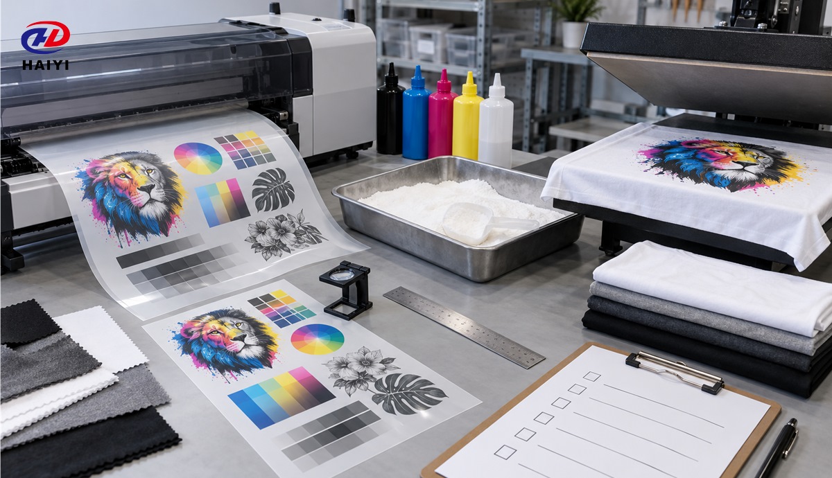 DTF film compatibility test with printer, pigment ink, powder, heat press, and fabric samples