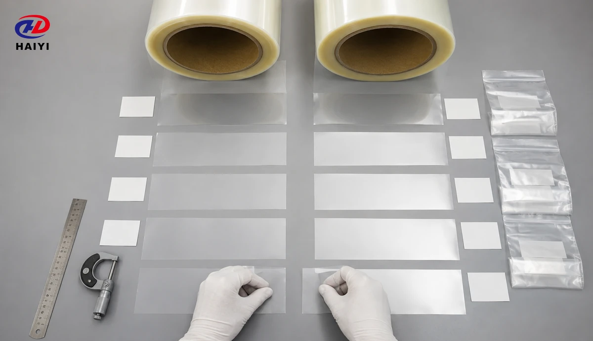 Matched DTF film specimens sampled from equivalent positions in two production rolls