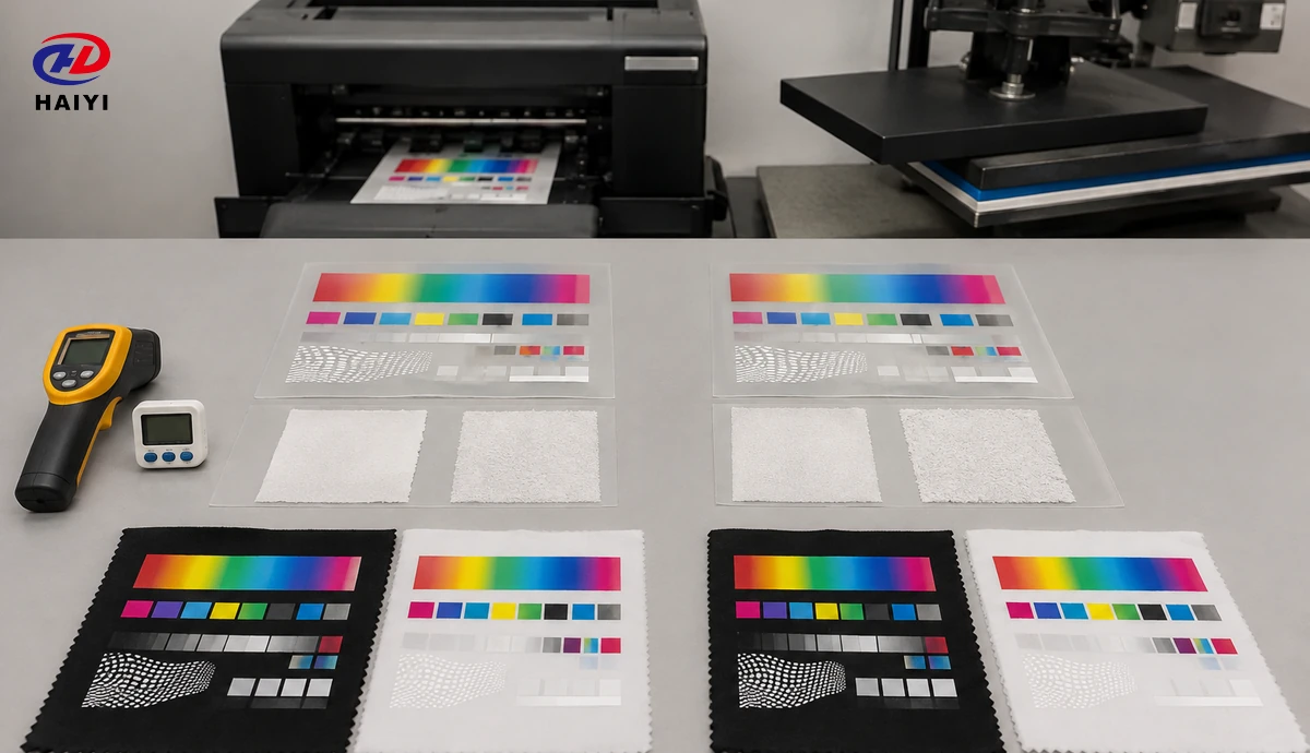 Side-by-side DTF print and transfer samples from two film production batches