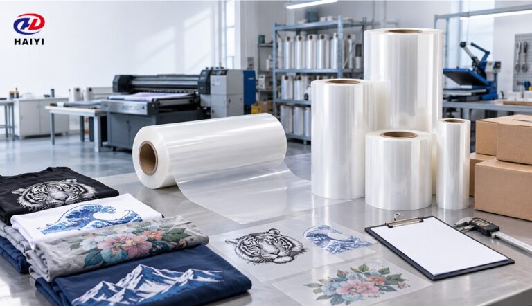 DTF film rolls, transfer samples, and procurement materials for a wholesale buying decision