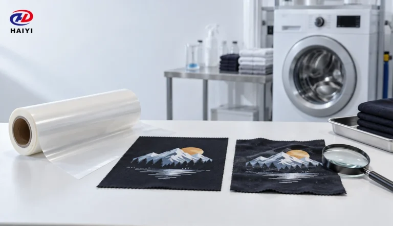 DTF film roll and paired fabric samples prepared for wash resistance evaluation