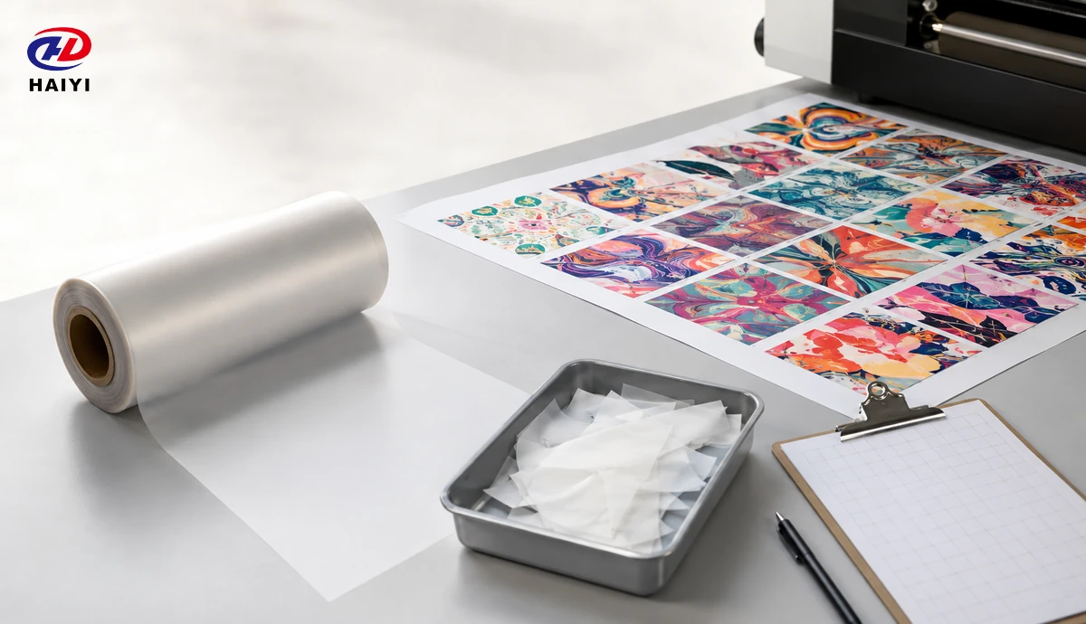 DTF film roll and printed layout beside collected film offcuts
