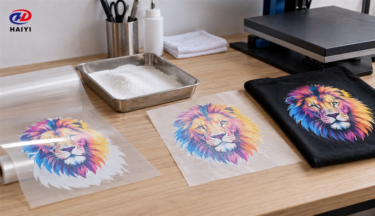 DTF film, hot-melt powder, cured transfer and printed fabric arranged in process order