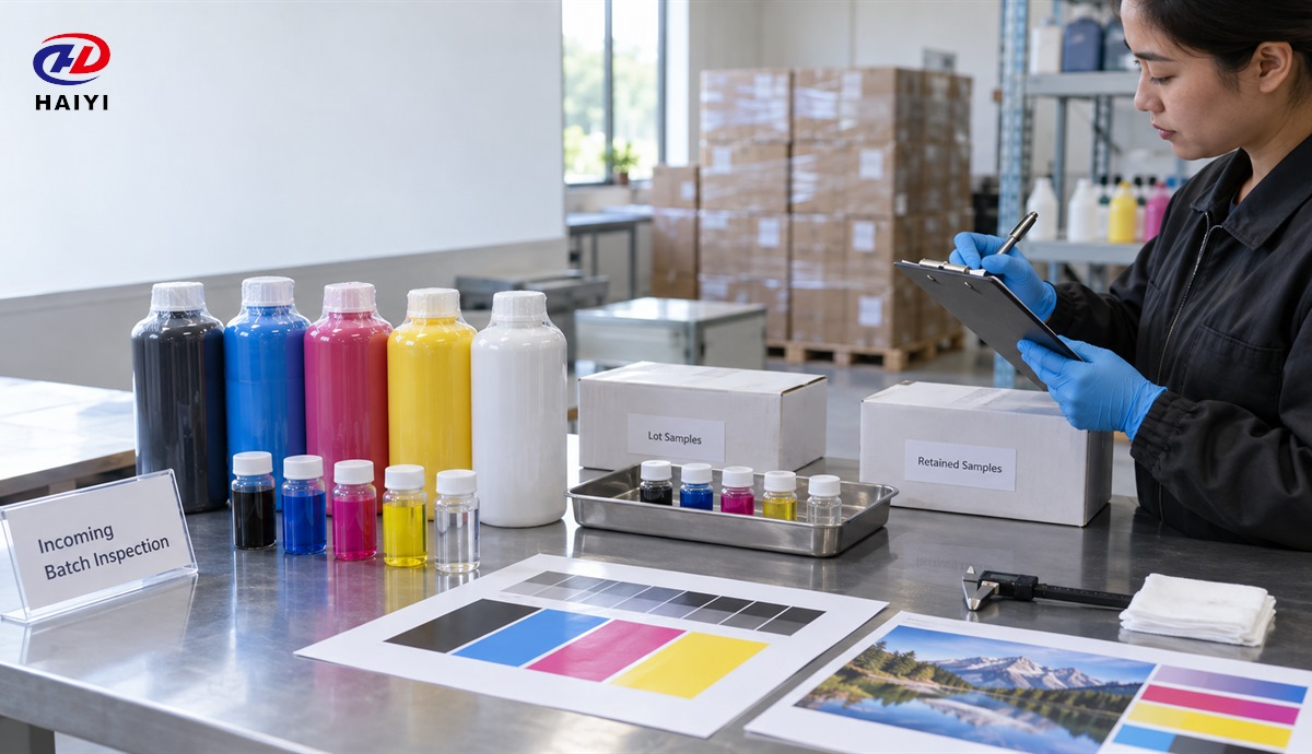 Wholesale DTF ink batch receiving and retained-sample inspection