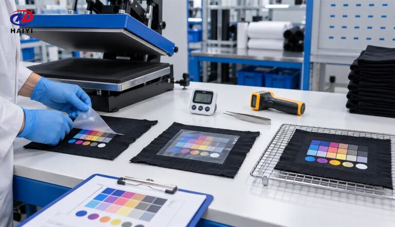 Technician comparing hot, warm, and cold peel DTF film samples