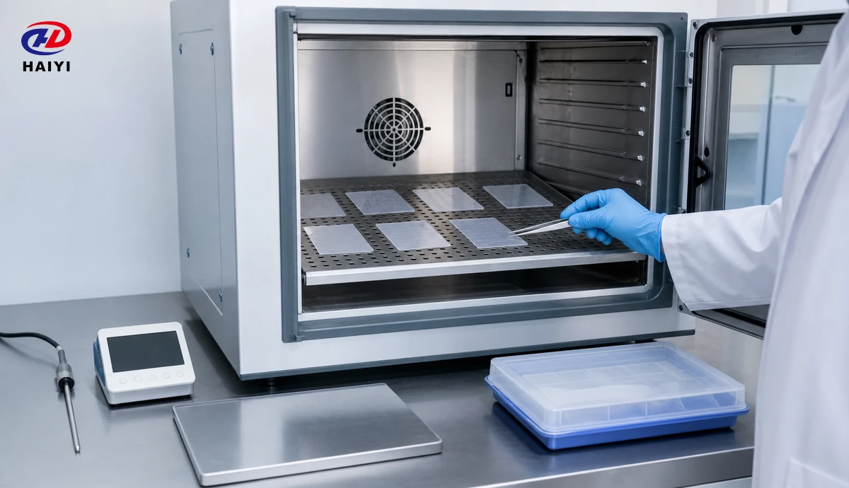 DTF PET film coupons undergoing controlled thermal exposure in a laboratory oven