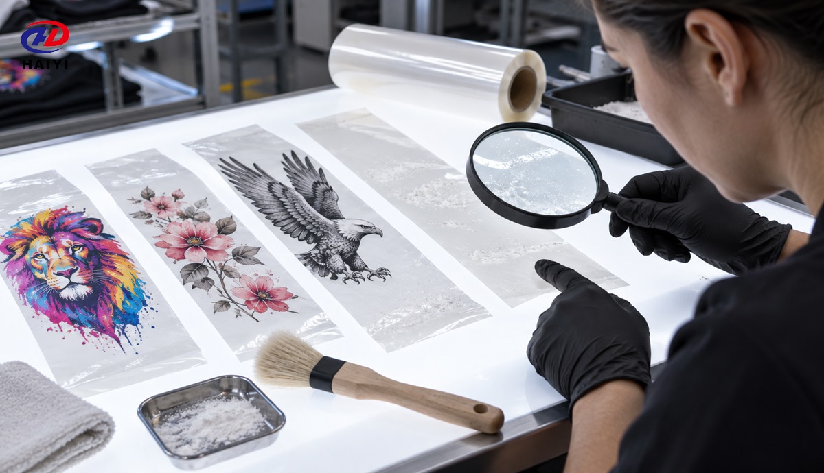 DTF powder residue inspected on printed and blank film zones