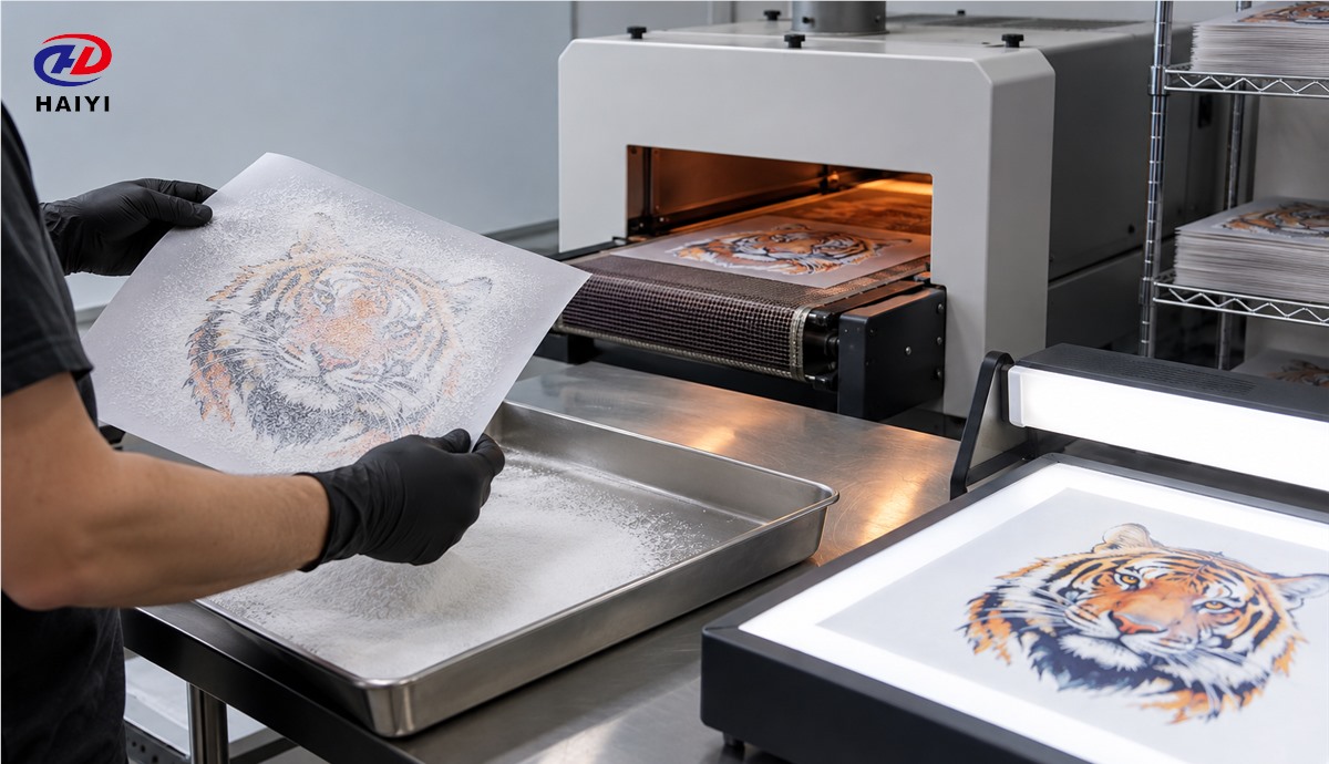 Inspection of adhesive powder coverage before DTF curing