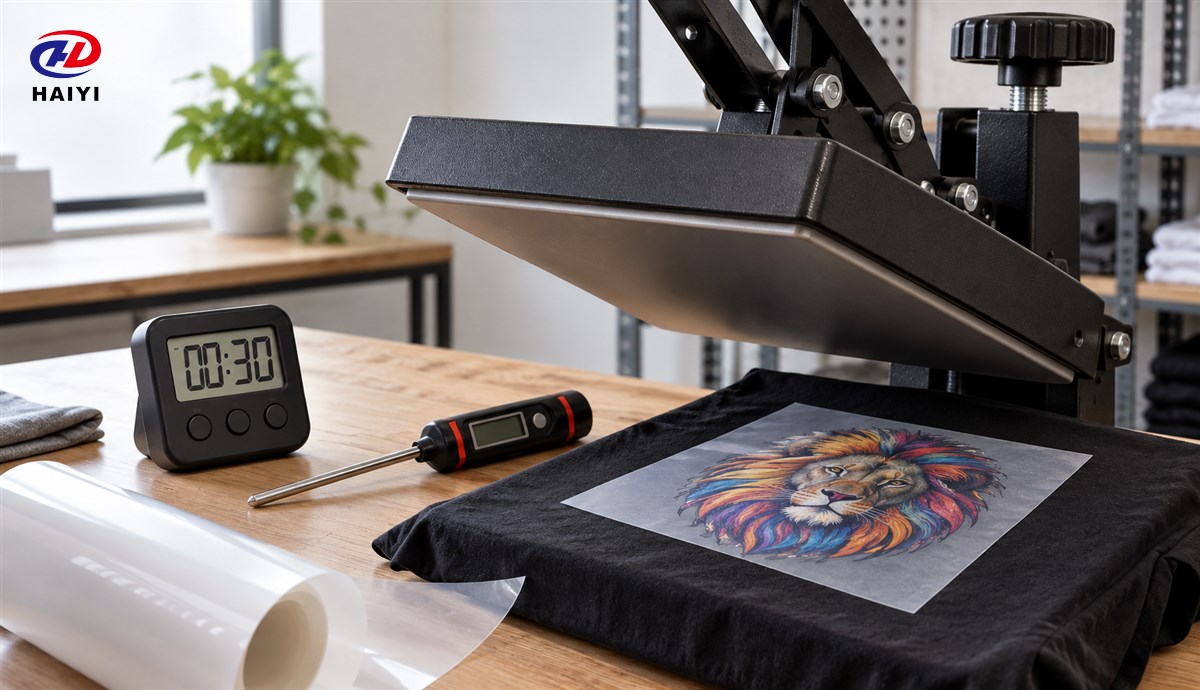 Heat press with timer, temperature probe and pressure adjustment controls