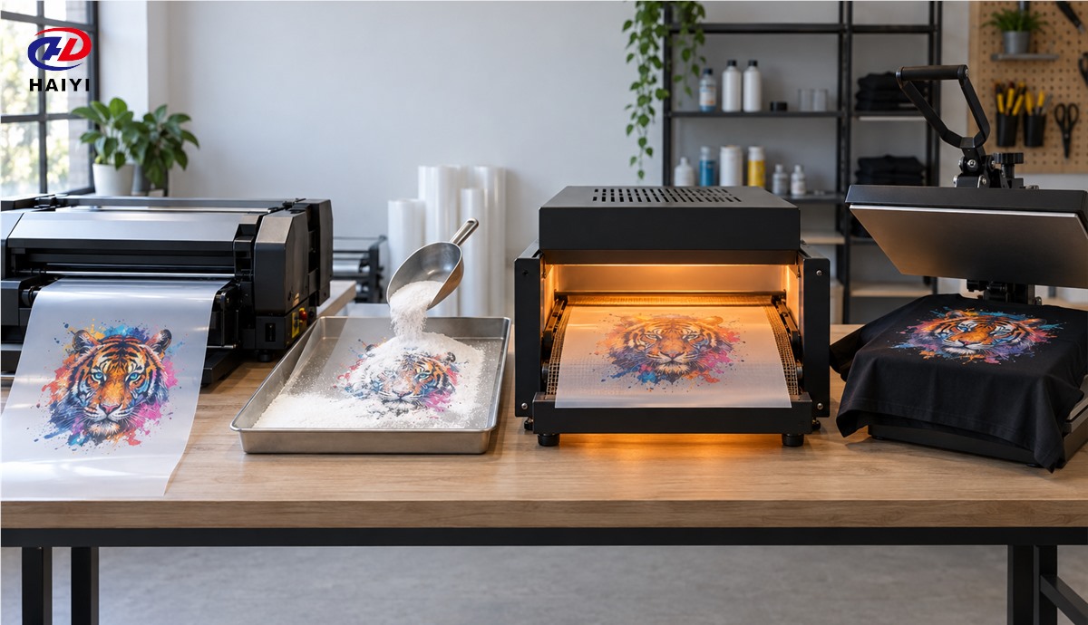 DTF print, powder, cure, and heat press production stages