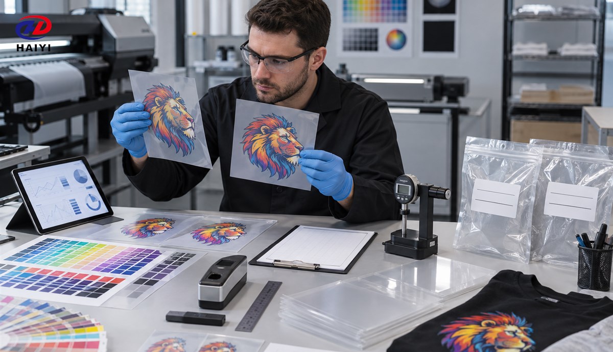 Technician comparing DTF color and film quality between batches
