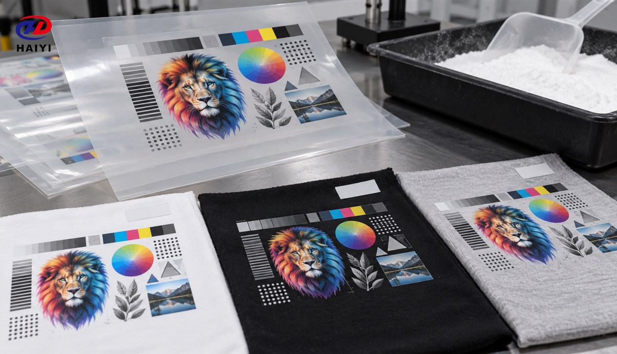 Standard DTF test artwork on film and fabric swatches