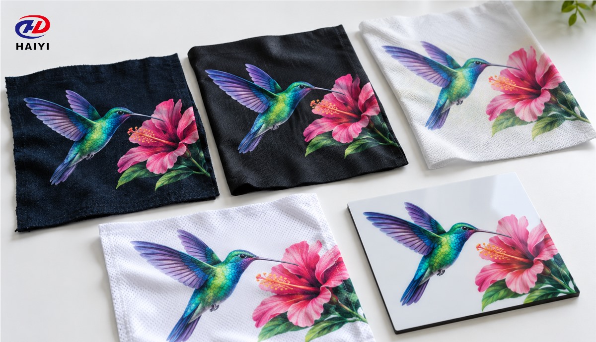 Dark cotton, blended, light polyester, and coated samples with printed graphics