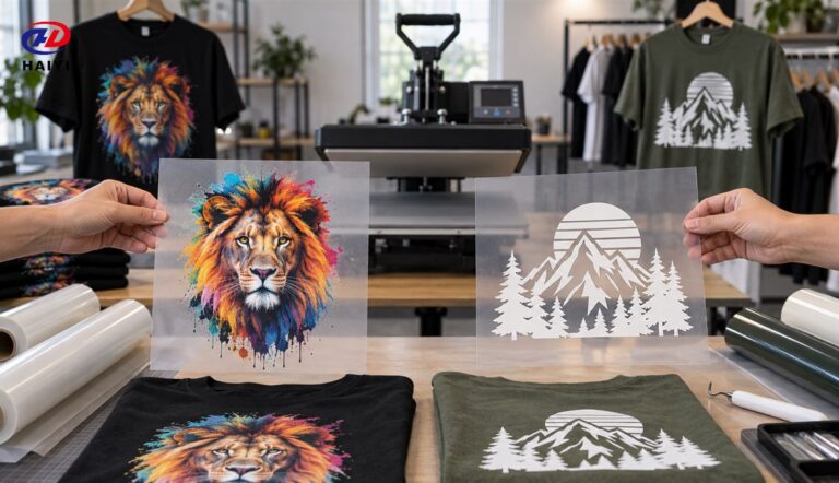 Full color DTF transfer compared with cut heat transfer vinyl