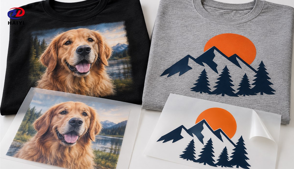 Detailed DTF print and simple heat transfer vinyl design on shirts