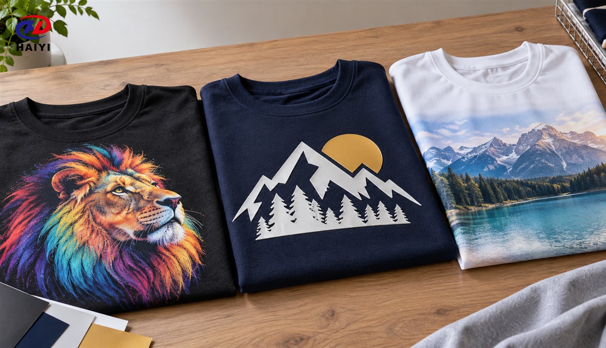 DTF, heat transfer vinyl and sublimation garment samples compared side by side
