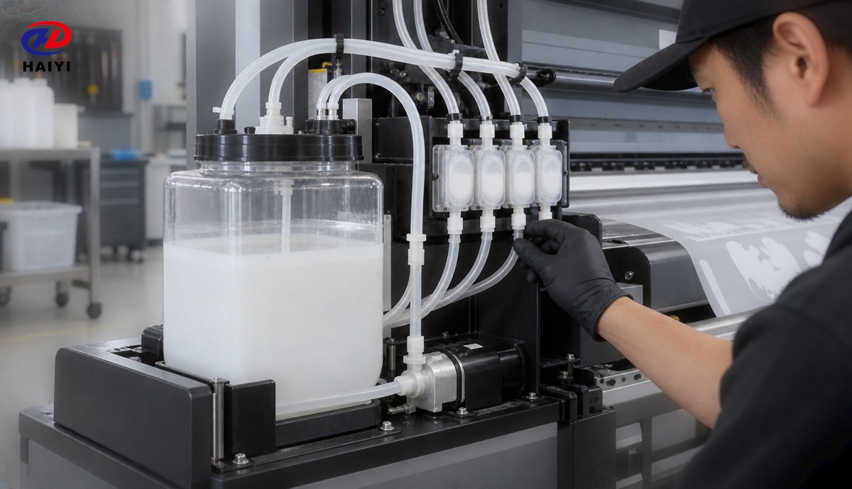 DTF white ink circulation lines and dampers under inspection