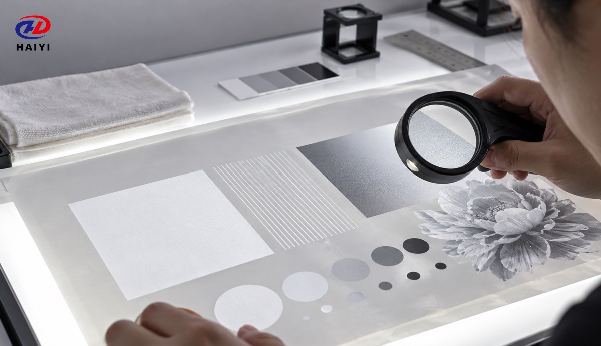 DTF white ink underbase inspected on a light table