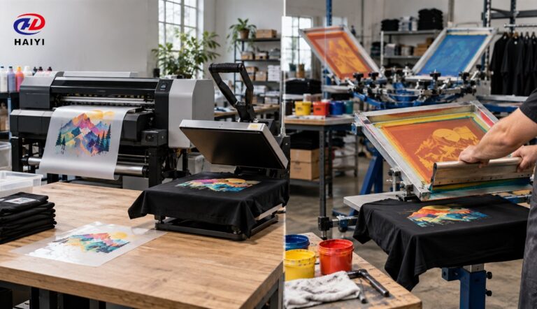 DTF transfer production and screen printing compared in one garment workshop