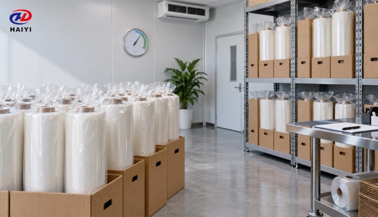 Sealed DTF film rolls in a controlled storage room
