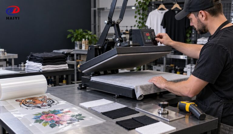 Technician calibrating a heat press for DTF transfer production