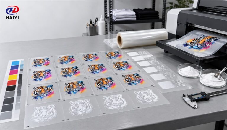 DTF film batch qualification test station with printed control sheets