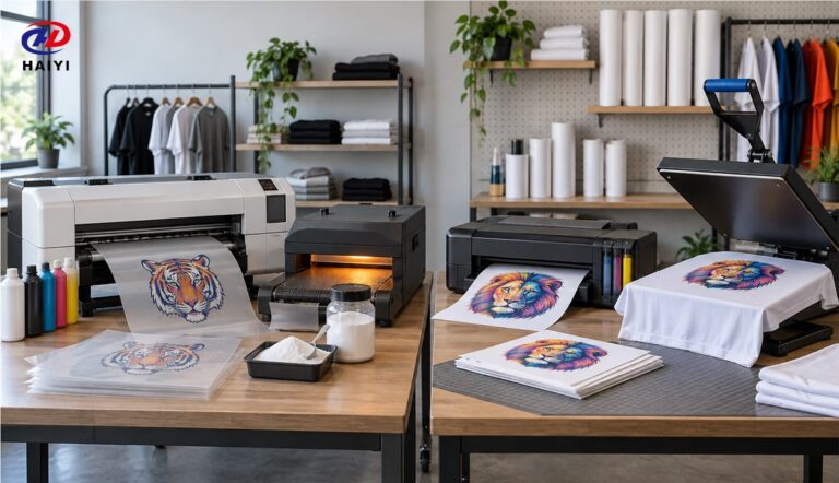 Side-by-side DTF and sublimation printing workstations