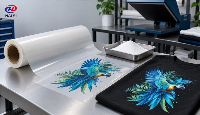 DTF transfer film roll, printed transfer, adhesive powder, and finished shirt