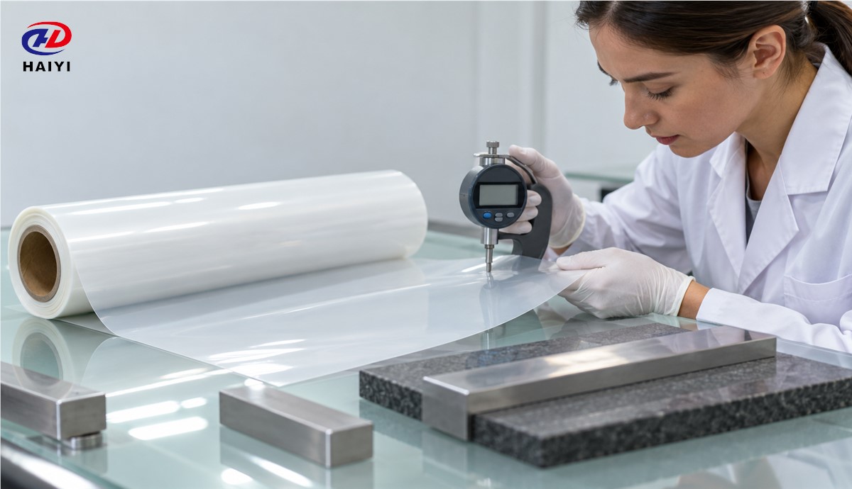 Lab technician checking DTF film thickness and flatness