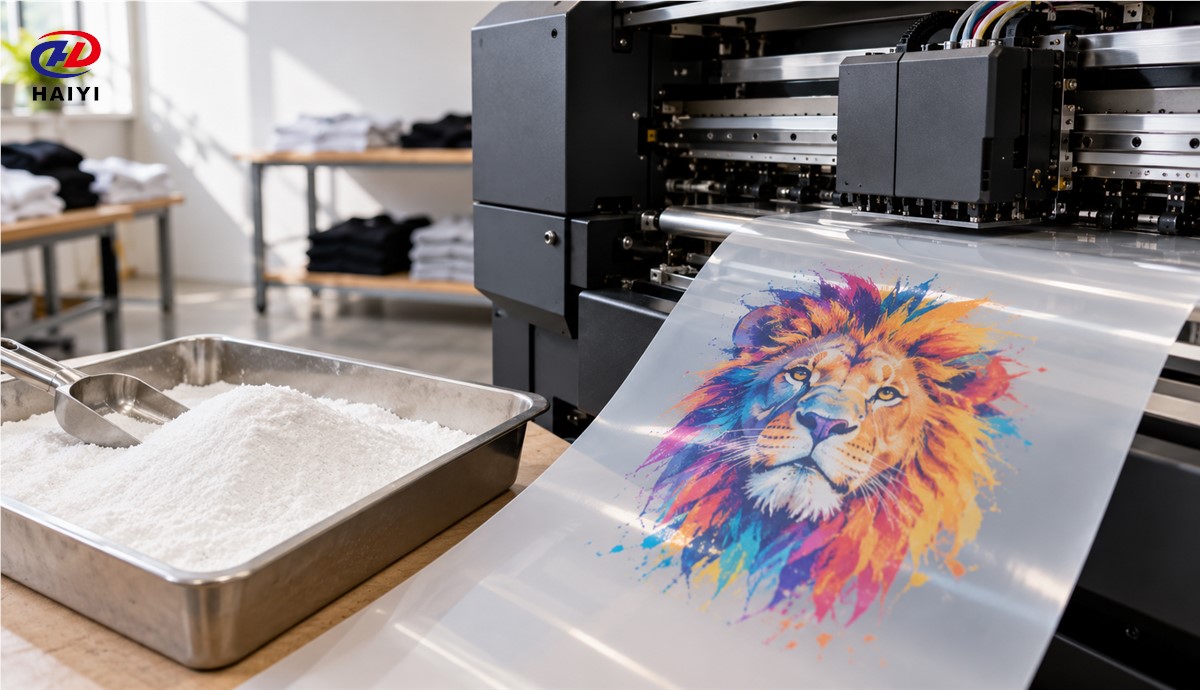 Printed DTF film and separate hot-melt adhesive powder at a production bench