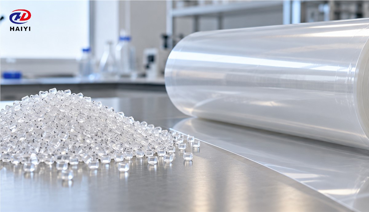 PET substrate material beside a translucent DTF film roll