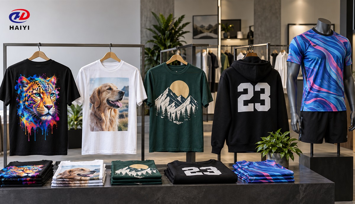 Finished garments with different printing and transfer finishes