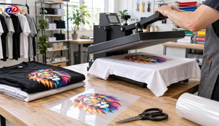 Heat press applying a colorful transfer film to a garment