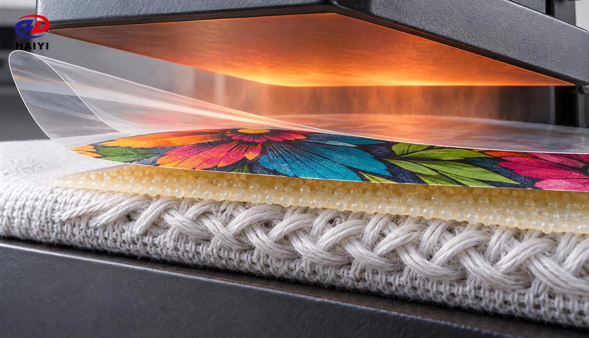 Carrier ink adhesive and textile layers under a heat press