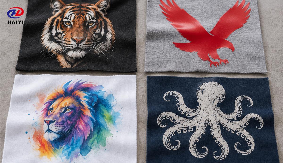 Fabric samples comparing DTF vinyl sublimation and screen transfer finishes