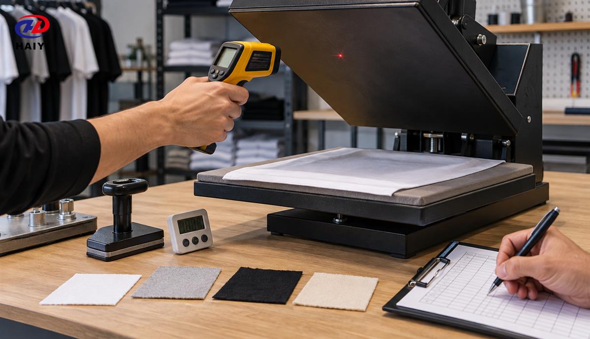 Heat press quality-control station checking temperature pressure and fabric samples
