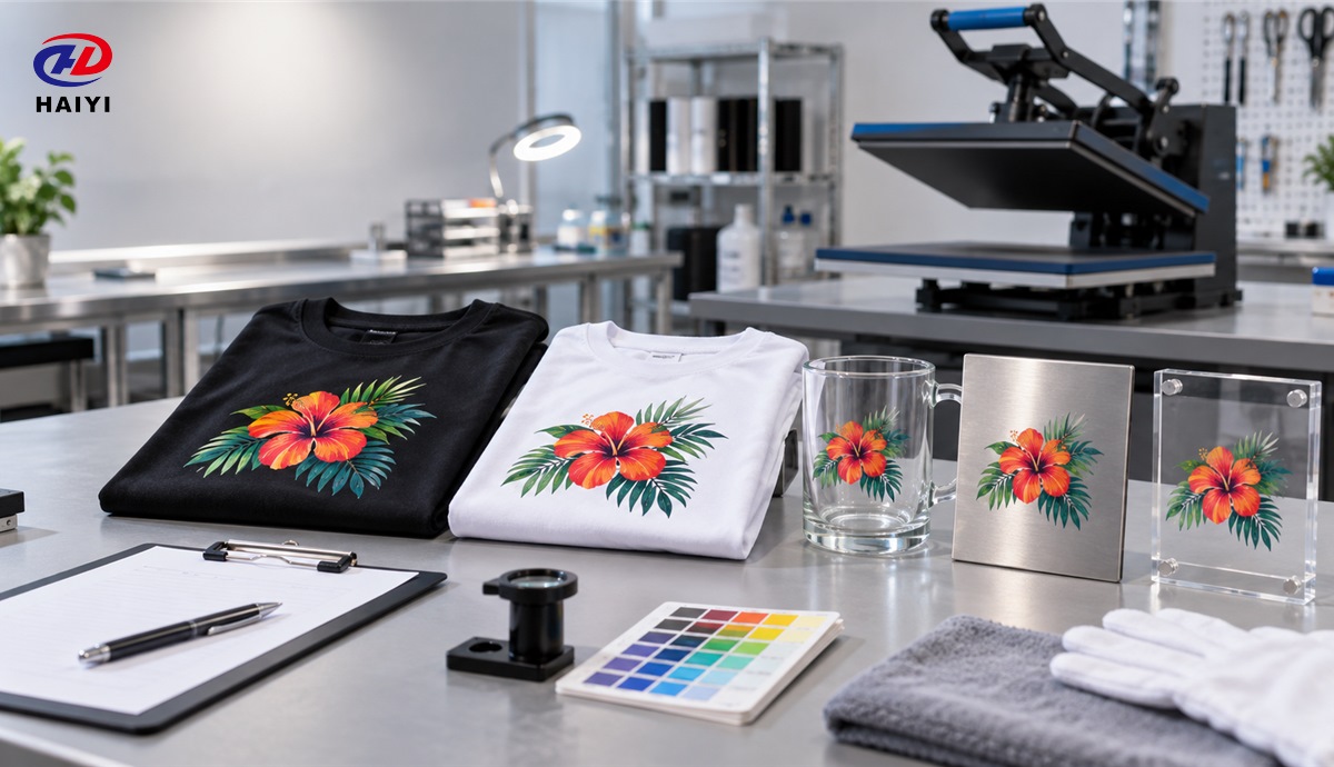 Transfer samples validated on textile glass metal and acrylic substrates