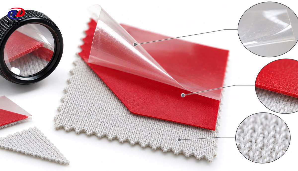 Heat transfer vinyl carrier film adhesive and fabric layers
